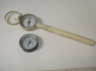 Two Old Compasses,  One Is A Pocket Sundial,  Both Ok,