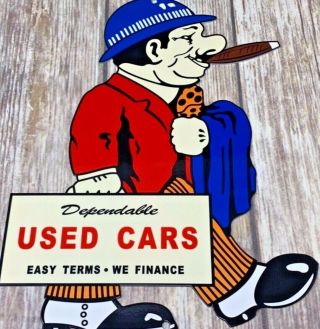 Vintage " Dependable Cars Salesman " Die - Cut Metal Sign 12 " X 9 " Advertising