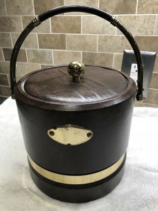 Vintage Ice Bucket Shelton Designs Brown Faux Leather With Gold Trim.