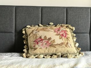 14x10.  5 " Vintage French Floral Velvet Tassle Fringe Needlepoint Tapestry Pillow