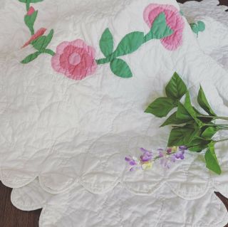 Vintage Hand Made And Signed Pink And White Cotton Crib Quilt 