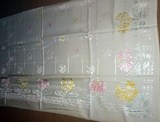Vintage Double Damask Tablecloth,  48”x48” White W/colored Flowers,  C.  1938