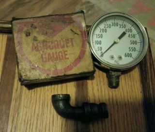Vintage Ashcroft Pressure Gauge W/ Orig Box & Fitting Steampunk Art Double Screw