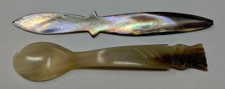 5 Antique Carved Cow Horn Spoons & Carved Seashell Mother of Pearl Letter Opener 2
