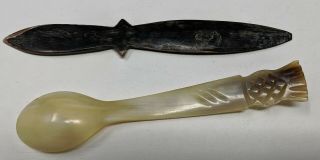 5 Antique Carved Cow Horn Spoons & Carved Seashell Mother of Pearl Letter Opener 3