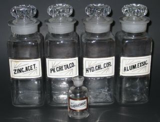 Antique 1894 Apothecary Pharmacy Chemist Medicine Powder Glass Bottle Jar Set