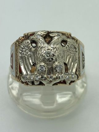 Vintage Masonic 10k Yellow Gold Diamond Double Eagle 32 Degree Ring Mason Psco