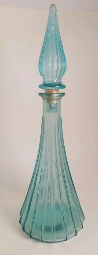 Vintage Sea Blue Art Glass Decanter With Glass Stopper Lines