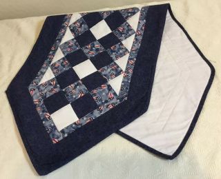 Patchwork Quilt Table Runner,  Nine Patch,  Blue,  Red White Calico Prints