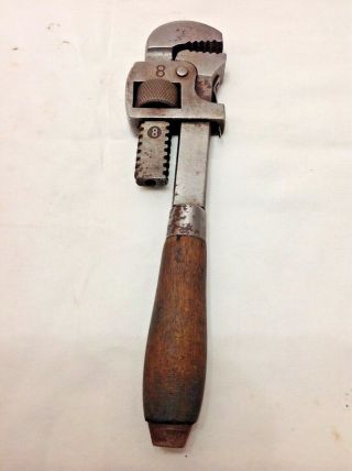 Vintage Stillson Oswego 8 " Wood Handle Adjustable Pipe Monkey Wrench Made In Usa