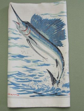 Vtg Dish Towel Deep Sea Marlin Fishing Palette Hand Prints Geo.  W.  H.  Smith Jr.