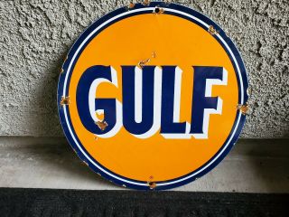 Vintage Gulf Gasoline 11 3/4 " Porcelain Gas & Oil Sign Pump Plate Lubester