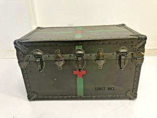 Vintage Wood Foot Locker W Tray Military Us Army Trunk Chest Green Box Medical