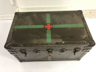 Vintage WOOD FOOT LOCKER w Tray military US army trunk chest Green box MEDICAL 2