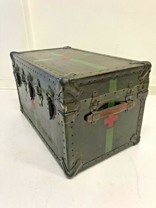 Vintage WOOD FOOT LOCKER w Tray military US army trunk chest Green box MEDICAL 3
