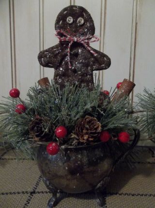 Prim Christmas/holiday/winter Decor - Gingerbread Man In Vintage Silver Creamer