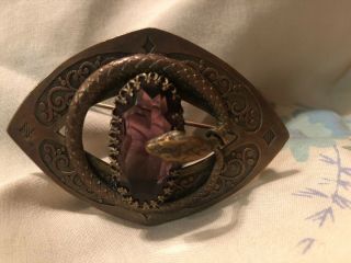 Art Nouveau Antique Vintage Brass Brooch W Amethyst Gemstone Snake Sash Pin Got