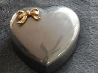 Vintage Silver Plated Heart Shaped Golden Bow Jewelry Trinket Box White Lining