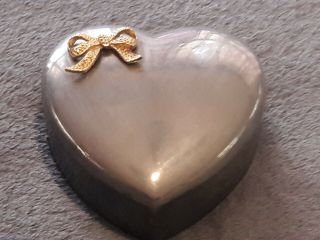 Vintage Silver Plated Heart Shaped Golden Bow Jewelry Trinket Box White Lining 2