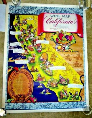 Vintage Lovely Cartoon Map Wine Map Of California By Ruth Taylor W/ Flyer C.  1945