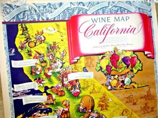 VINTAGE LOVELY CARTOON MAP WINE MAP OF CALIFORNIA BY RUTH TAYLOR w/ FLYER c.  1945 2