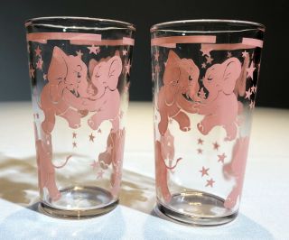 Hazel Atlas Set Of Dancing Pink Elephants Juice Vodka Glasses Barware Qty 2