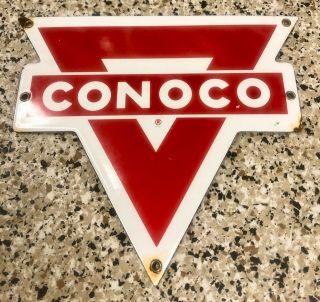 Vintage Conoco Porcelain Triangle Pump Plate With All Grommets Gas Oil Signs