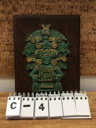 Mexican El Arte Azteca Mexican Aztec Diety Figure Green On Wood Plaque C - 4
