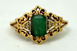 Vintage 10k Solid Gold,  Diamonds And Natural Emerald Ring Size 7