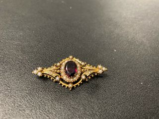 Antique Victorian Garnet & Seed Pearl Brooch Pin 10kt Yellow Gold