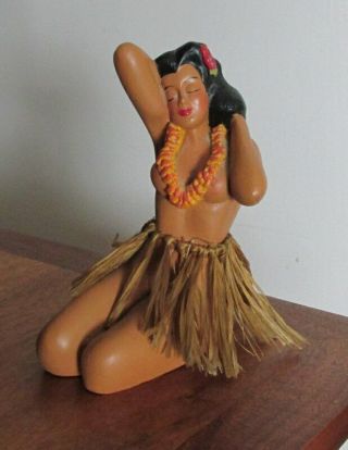 Vintage Hawaiian Chalkware Hula Girl Sitting Figurine With Hula Skirt