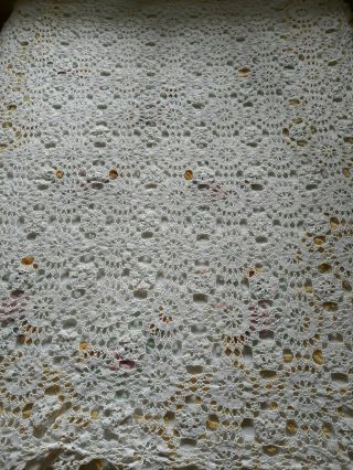 Vintage Lt Ivory Hand Crochet Cotton Tablecloth 55x66 Couple Spots 3