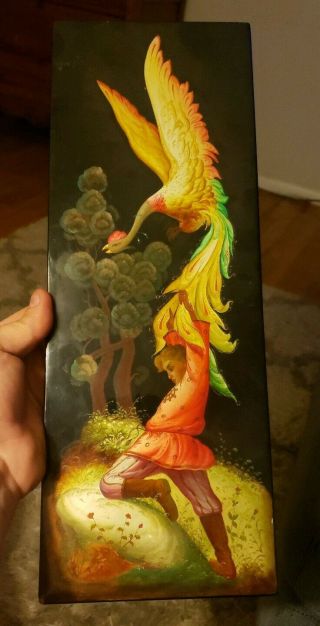 Vintage Russian Hand Painted Lacquer Wood Art Painting Phoenix W/ Boy 16 "