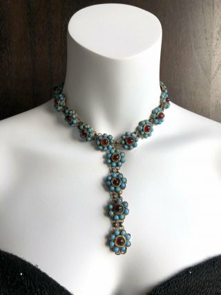 Antique 17th Century Garnet Turquoise Glass Floral Chain Necklace Earrings