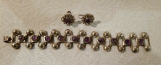 Vintage Old Mexico Sterling Silver & Amethyst Bracelet & Earrings Set 36.  7g