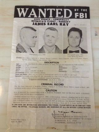 Authentic Erie Railroad Co Fbi Wanted Poster James Earl Ray Martin Luther King