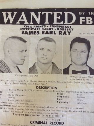 AUTHENTIC ERIE RAILROAD CO FBI WANTED POSTER James Earl Ray Martin Luther King 2