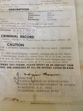 AUTHENTIC ERIE RAILROAD CO FBI WANTED POSTER James Earl Ray Martin Luther King 3
