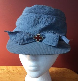 Ww2 Seersucker Arc American Red Cross Volunteer Canteen Cap Hat Insignia Pin