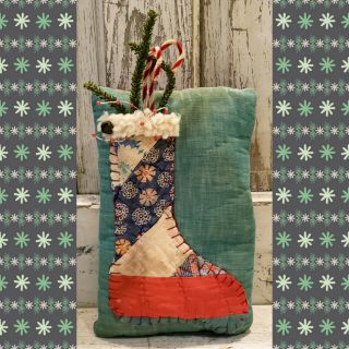 Primitive Old Quilt Christmas Stocking Pillow W/ Candy Canes & Greenery