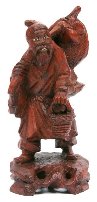 Vintage Chinese Hand Carved Wooden Man Statue Inlaid Eyes Teeth China Wood