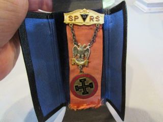 Vintage Sterling Sp Rs 32nd Scottish Rite Masonic Double Eagle Pin/leather Case