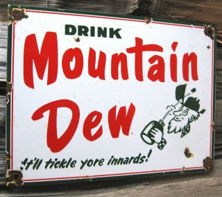 Mountain Dew Vintage Porcelain Enamel Beverage Hillbilly Service Station Sign
