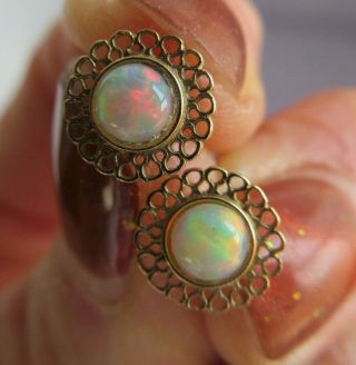 Vintage 14k Yellow Gold Round Opal Solitaire Stud Pierced Earrings.  46ct Each