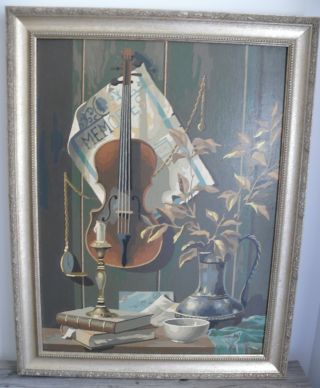 Oil Painting Music & Memories Violin Still Life Vtg Paint By Numbers Frame