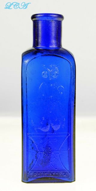 old OWL DRUG Co Cobalt BLUE salts bottle RARE SQUARE w/ Sarah bird 3
