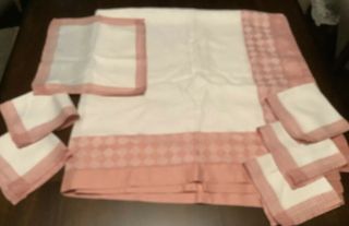 Vintage Tablecloth & 6 Napkins Pink & White Argyle Damask