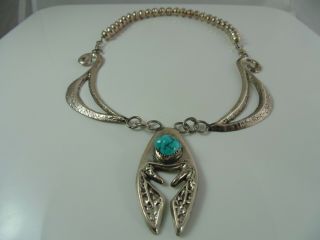 Vtg 1970s Navajo Handcrafted 925 Sterling Silver & Turquoise Necklace
