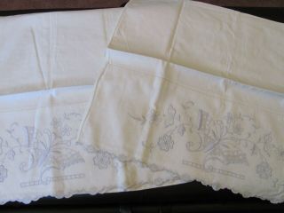 Vintage Pair Butterfly Embroidered Pillow Cases Scalloped Edging
