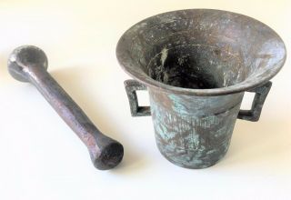 Antique Mortar Pestle Set Bronze Brass Oxidized Number 86 Apothecary Heavy